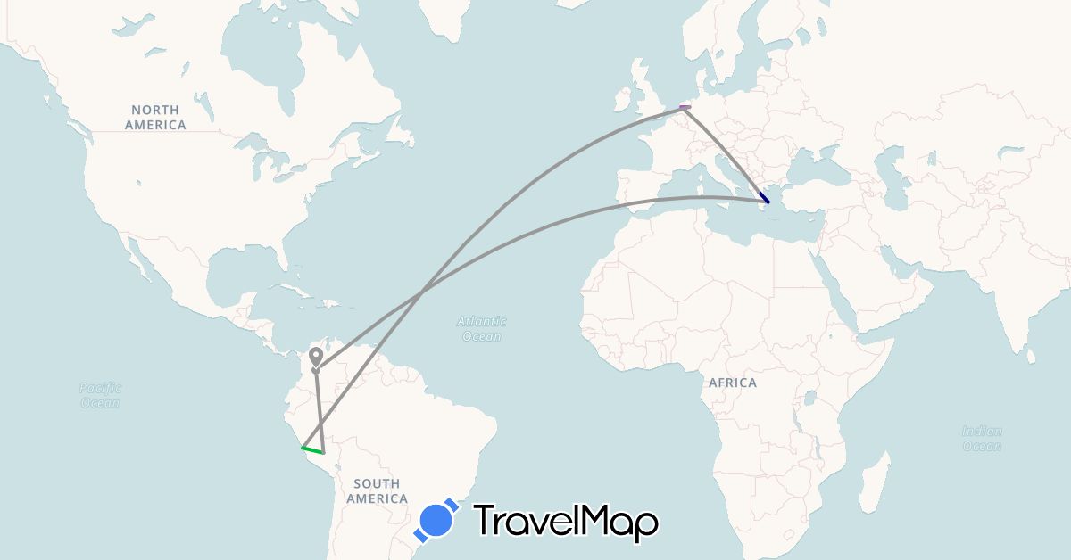 TravelMap itinerary: driving, bus, plane, train, hiking in Colombia, Greece, Netherlands, Peru (Europe, South America)